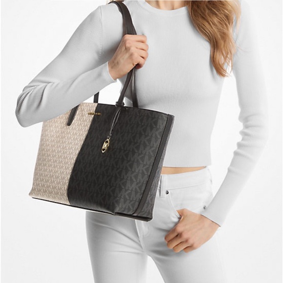 NWT MICHAEL Michael Kors Jet Set Travel Medium Two Tone Logo Tote Bag Black - Picture 3 of 15